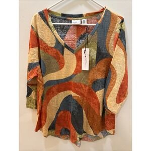 Rachel Zoe Women's 100% Linen Knit SS Top Fall Colours Size 1X   3/4 Sleeve